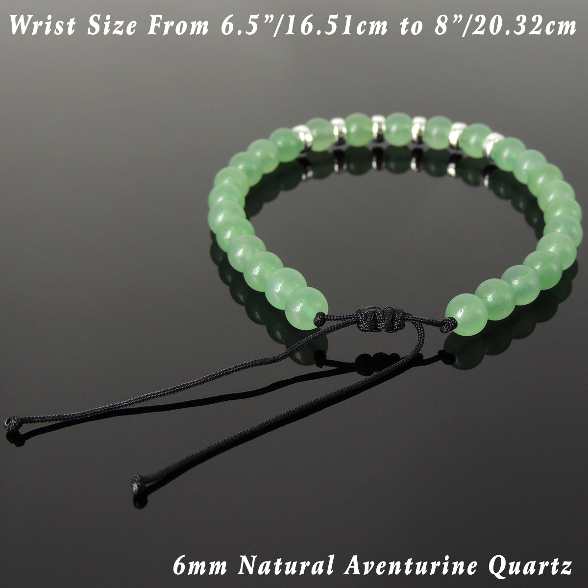 6mm Aventurine Quartz Adjustable Braided Gemstone Bracelet with S925 Sterling Silver Spacers - Handmade by Gem & Silver BR1159
