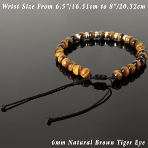 6mm Brown Tiger Eye Adjustable Braided Gemstone Bracelet with S925 Sterling Silver Spacers - Handmade by Gem & Silver BR1160