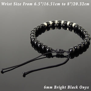6mm Bright Black Onyx Adjustable Braided Gemstone Bracelet with S925 Sterling Silver Spacers - Handmade by Gem & Silver BR1163