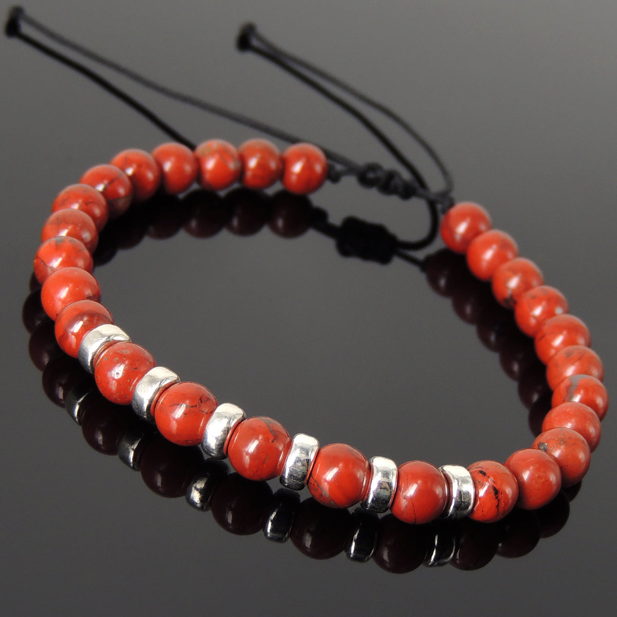 6mm Red Jasper Adjustable Braided Stone Bracelet with S925 Sterling Silver Spacers - Handmade by Gem & Silver BR1164