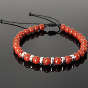 6mm Red Jasper Adjustable Braided Stone Bracelet with S925 Sterling Silver Spacers - Handmade by Gem & Silver BR1164