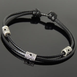Adjustable Wax Rope Bracelet with S925 Sterling Silver Artisan Barrel Beads - Handmade by Gem & Silver BR1166