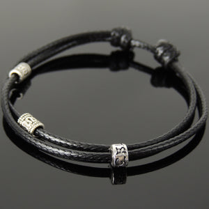 Adjustable Wax Rope Bracelet with S925 Sterling Silver OM Meditation Barrel Beads - Handmade by Gem & Silver BR1167