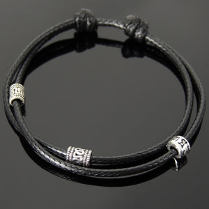Adjustable Wax Rope Bracelet with S925 Sterling Silver OM Meditation Barrel Beads - Handmade by Gem & Silver BR1167