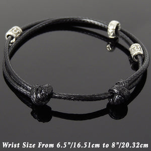 Adjustable Wax Rope Bracelet with S925 Sterling Silver OM Meditation Barrel Beads - Handmade by Gem & Silver BR1168