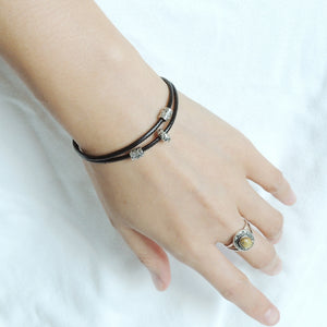 Adjustable Wax Rope Bracelet with S925 Sterling Silver OM Meditation Barrel Beads - Handmade by Gem & Silver BR1168