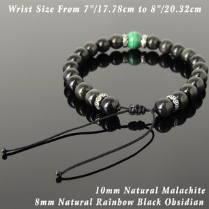 Malachite & Rainbow Black Obsidian Adjustable Braided Bracelet with S925 Sterling Silver Spacers - Handmade by Gem & Silver BR1170