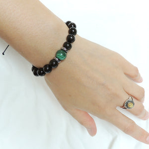 Malachite & Rainbow Black Obsidian Adjustable Braided Bracelet with S925 Sterling Silver Spacers - Handmade by Gem & Silver BR1170