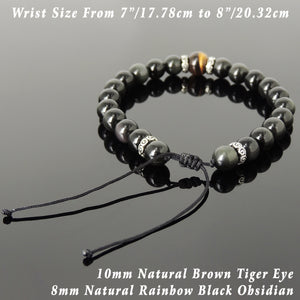 Brown Tiger Eye & Rainbow Black Obsidian Adjustable Braided Bracelet with S925 Sterling Silver Spacers - Handmade by Gem & Silver BR1171