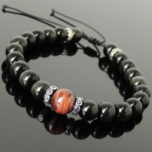 Red Tiger Eye & Rainbow Black Obsidian Adjustable Braided Bracelet with S925 Sterling Silver Spacers - Handmade by Gem & Silver BR1172