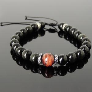 Red Tiger Eye & Rainbow Black Obsidian Adjustable Braided Bracelet with S925 Sterling Silver Spacers - Handmade by Gem & Silver BR1172