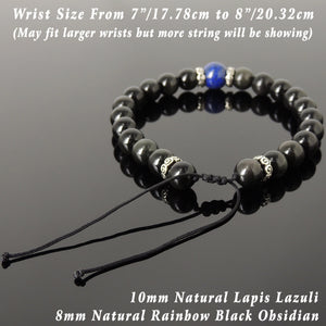 Lapis Lazuli & Rainbow Black Obsidian Adjustable Braided Bracelet with S925 Sterling Silver Spacers - Handmade by Gem & Silver BR1175