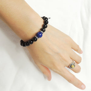 Lapis Lazuli & Rainbow Black Obsidian Adjustable Braided Bracelet with S925 Sterling Silver Spacers - Handmade by Gem & Silver BR1175