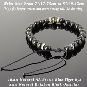 Brown Blue Tiger Eye & Rainbow Black Obsidian Adjustable Braided Bracelet with S925 Sterling Silver Spacers - Handmade by Gem & Silver BR1176