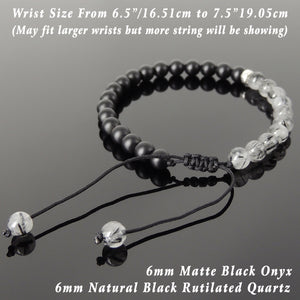 6mm Black Rutilated Quartz & Matte Black Onyx Adjustable Braided Gemstone Bracelet with S925 Sterling Silver Spacer - Handmade by Gem & Silver BR1179
