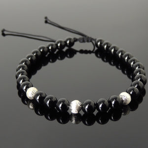 6mm Bright Black Onyx Adjustable Braided Bracelet with S925 Sterling Silver Artisan Beads - Handmade by Gem & Silver BR1184
