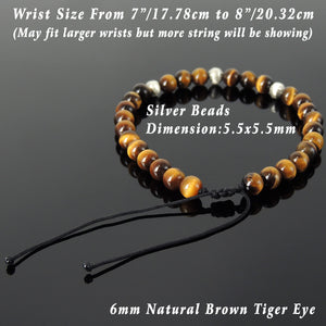 6mm Brown Tiger Eye Adjustable Braided Bracelet with S925 Sterling Silver Artisan Beads - Handmade by Gem & Silver BR1186