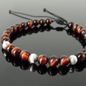 6mm Red Tiger Eye Adjustable Braided Bracelet with S925 Sterling Silver Artisan Beads - Handmade by Gem & Silver BR1187