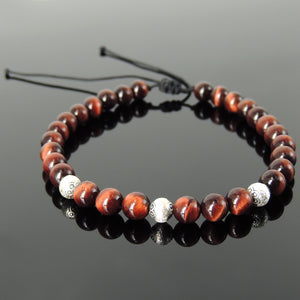 6mm Red Tiger Eye Adjustable Braided Bracelet with S925 Sterling Silver Artisan Beads - Handmade by Gem & Silver BR1187
