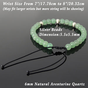 6mm Aventurine Quartz Adjustable Braided Bracelet with S925 Sterling Silver Artisan Beads - Handmade by Gem & Silver BR1190