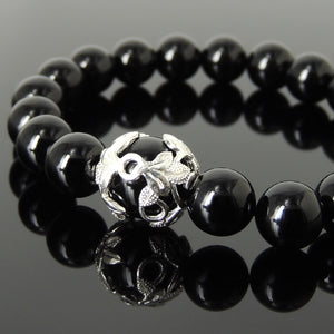 Bright Black Onyx Gemstone Bracelet with S925 Sterling Silver Floral Bead Cap - Handmade by Gem & Silver BR1191