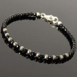 3mm Faceted Bright Black Onyx & Gold Pyrite Healing Gemstone Bracelet with S925 Sterling Silver Spacer Beads & Clasp - Handmade by Gem & Silver BR1192