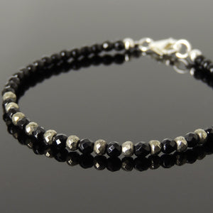 3mm Faceted Bright Black Onyx & Gold Pyrite Healing Gemstone Bracelet with S925 Sterling Silver Spacer Beads & Clasp - Handmade by Gem & Silver BR1192