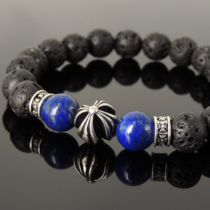 10mm Lapis Lazuli & Lava Rock Healing Gemstone Bracelet with S925 Sterling Silver Cross & Spacer Beads - Handmade by Gem & Silver BR1197