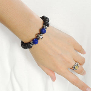 10mm Lapis Lazuli & Lava Rock Healing Gemstone Bracelet with S925 Sterling Silver Cross & Spacer Beads - Handmade by Gem & Silver BR1197