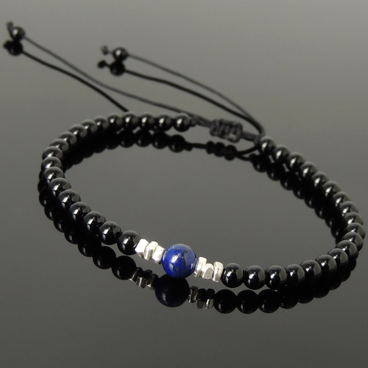 Lapis Lazuli & Bright Black Onyx Adjustable Braided Bracelet with S925 Sterling Silver Nugget Beads - Handmade by Gem & Silver BR1198