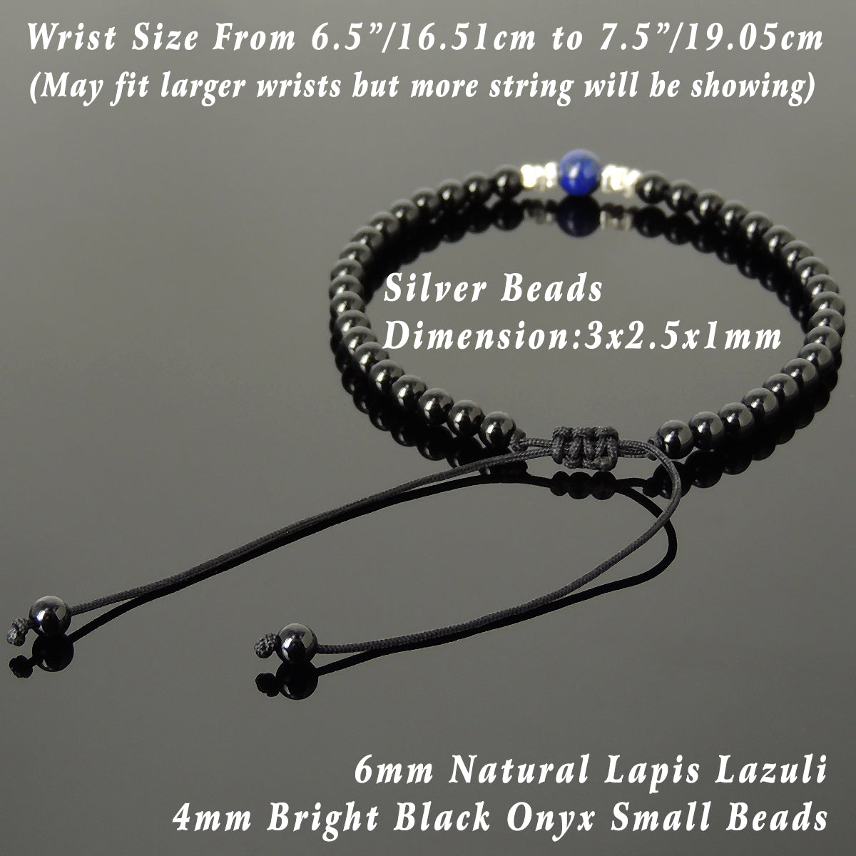 Lapis Lazuli & Bright Black Onyx Adjustable Braided Bracelet with S925 Sterling Silver Nugget Beads - Handmade by Gem & Silver BR1198
