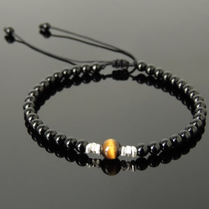 Brown Tiger Eye & Bright Black Onyx Adjustable Braided Bracelet with S925 Sterling Silver Nugget Beads - Handmade by Gem & Silver BR1199