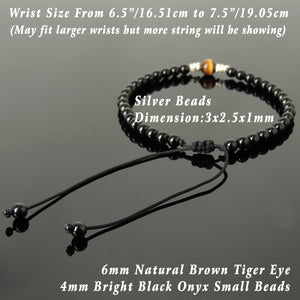 Brown Tiger Eye & Bright Black Onyx Adjustable Braided Bracelet with S925 Sterling Silver Nugget Beads - Handmade by Gem & Silver BR1199