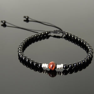 Red Tiger Eye & Bright Black Onyx Adjustable Braided Bracelet with S925 Sterling Silver Nugget Beads - Handmade by Gem & Silver BR1200