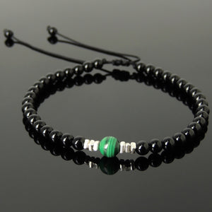 Malachite & Bright Black Onyx Adjustable Braided Bracelet with S925 Sterling Silver Nugget Beads - Handmade by Gem & Silver BR1201