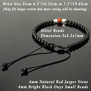 Red Jasper & Bright Black Onyx Adjustable Braided Bracelet with S925 Sterling Silver Nugget Beads - Handmade by Gem & Silver BR1202