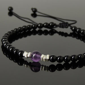 Amethyst & Bright Black Onyx Adjustable Braided Bracelet with S925 Sterling Silver Nugget Beads - Handmade by Gem & Silver BR1203