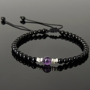 Amethyst & Bright Black Onyx Adjustable Braided Bracelet with S925 Sterling Silver Nugget Beads - Handmade by Gem & Silver BR1203