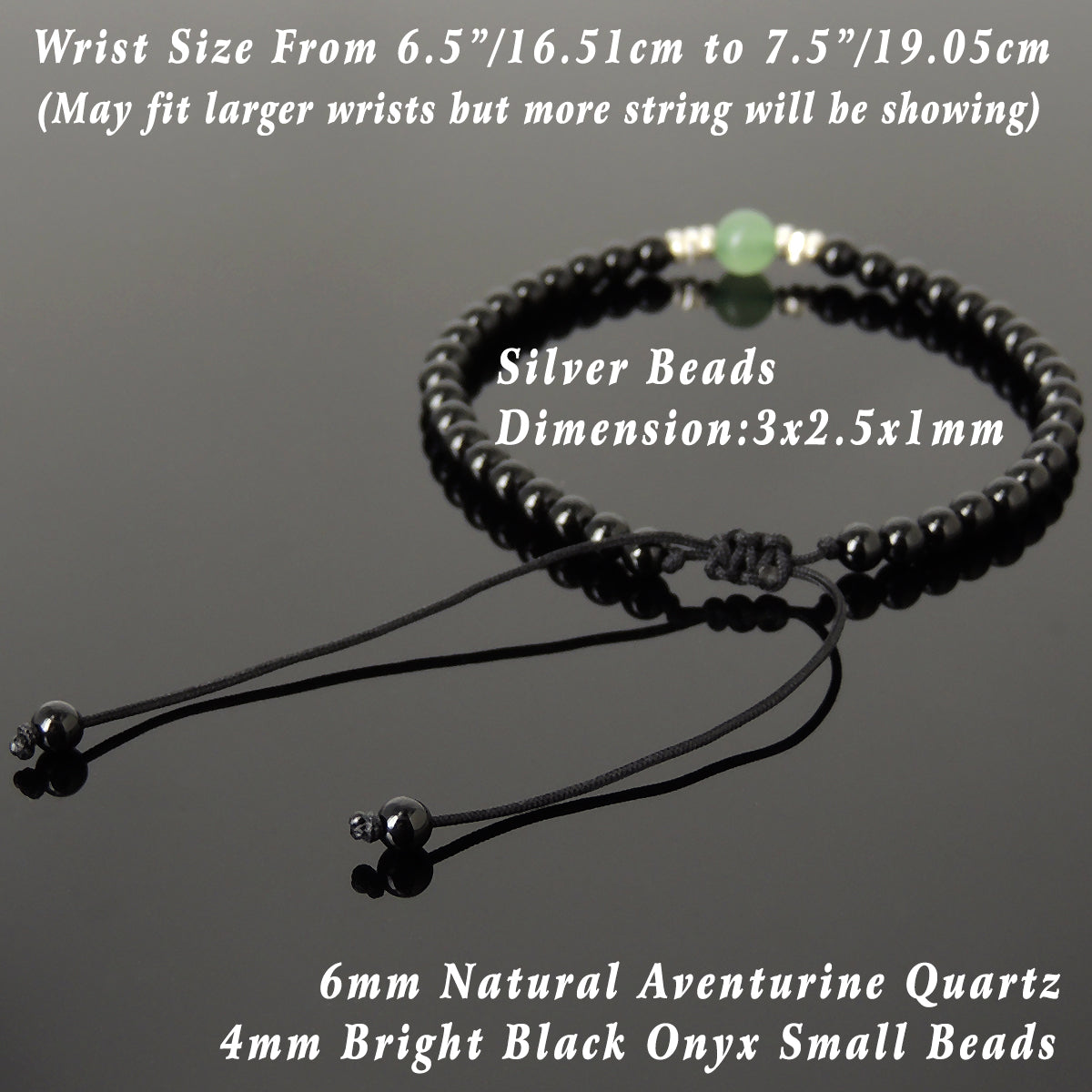 Aventurine Quartz & Bright Black Onyx Adjustable Braided Bracelet with S925 Sterling Silver Nugget Beads - Handmade by Gem & Silver BR1204