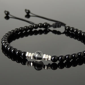 Black Rutilated Quartz & Bright Black Onyx Adjustable Braided Bracelet with S925 Sterling Silver Nugget Beads - Handmade by Gem & Silver BR1205