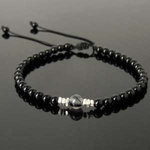 Black Rutilated Quartz & Bright Black Onyx Adjustable Braided Bracelet with S925 Sterling Silver Nugget Beads - Handmade by Gem & Silver BR1205