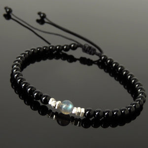 Grade 5A Labradorite & Bright Black Onyx Adjustable Braided Bracelet with S925 Sterling Silver Nugget Beads - Handmade by Gem & Silver BR1206