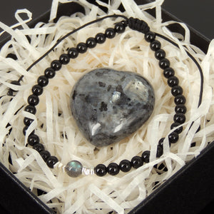 Yoga Reiki Gift Set for Chakra Healing | Beautiful Genuine Larvikite Heart Crystal Palm Stone | Rarity High Grade AAAAA Labradorite and Bright Black Onyx Handmade Braided Bracelet