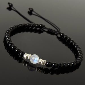 Grade AA Moonstone & Bright Black Onyx Adjustable Braided Bracelet with S925 Sterling Silver Nugget Beads - Handmade by Gem & Silver BR1207