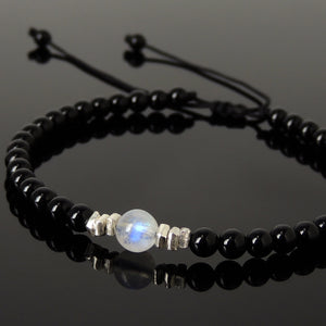 Grade AA Moonstone & Bright Black Onyx Adjustable Braided Bracelet with S925 Sterling Silver Nugget Beads - Handmade by Gem & Silver BR1207