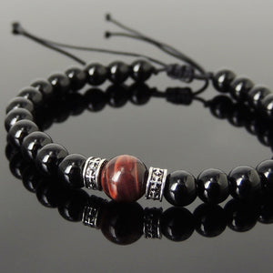Bright Black Onyx & Red Tiger Eye Adjustable Braided Bracelet with S925 Sterling Silver Celtic Cross Spacer Charms - Handmade by Gem & Silver BR1208
