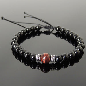 Bright Black Onyx & Red Tiger Eye Adjustable Braided Bracelet with S925 Sterling Silver Celtic Cross Spacer Charms - Handmade by Gem & Silver BR1208