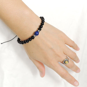 Lapis Lazuli & Bright Black Onyx Adjustable Braided Bracelet with S925 Sterling Silver Celtic Cross Spacer Charms - Handmade by Gem & Silver BR1209