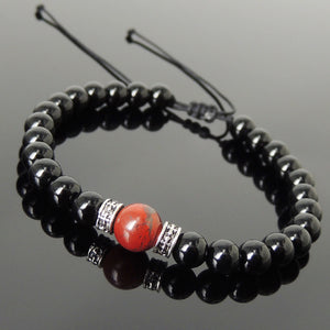 Red Jasper & Bright Black Onyx Adjustable Braided Bracelet with S925 Sterling Silver Celtic Cross Spacer Charms - Handmade by Gem & Silver BR1210
