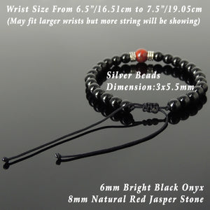 Red Jasper & Bright Black Onyx Adjustable Braided Bracelet with S925 Sterling Silver Celtic Cross Spacer Charms - Handmade by Gem & Silver BR1210